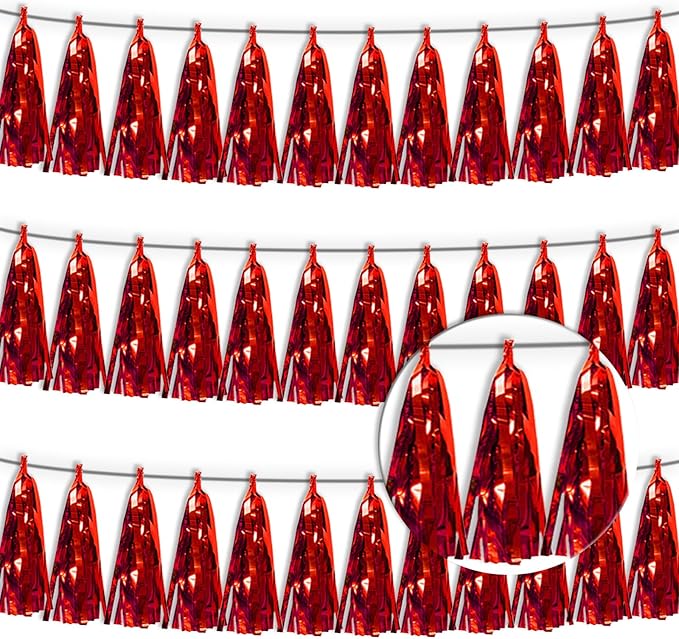 3P Red Tassel Banner Garland Metallic Foil Fringe Banner Tinsel Tassels Streamer Banner Backdrop for Parade Floats, 2025 Graduation Decorations, Wedding Party Decoration