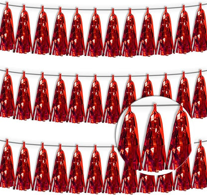 3P Red Tassel Banner Garland Metallic Foil Fringe Banner Tinsel Tassels Streamer Banner Backdrop for Parade Floats, 2025 Graduation Decorations, Wedding Party Decoration