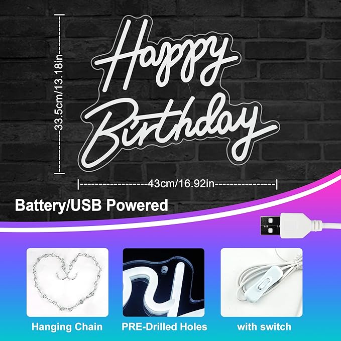 Happy Birthday Neon Sign, Happy Birthday Light Up Sign, Neon Happy Birthday Sign USB Powered, Happy Birthday Led Sign for Birthday Party Wall Decoration 16.9'' x 13.1'' (White)