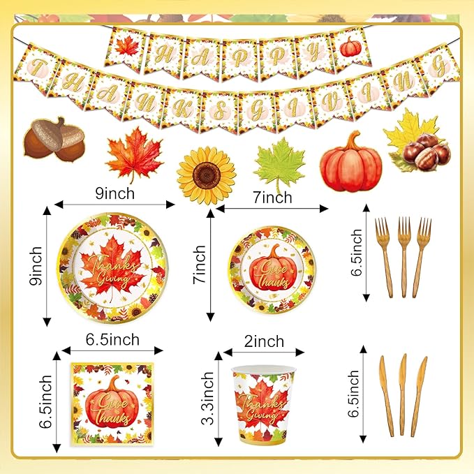 123PCS Thanksgiving Party Supplies for Fall Pumpkin Themeds Party Decorations Autumn Harvest Tableware Set for Kids Childs Leaves Dessert Plates Napkins Cups with Tablecloth and Banner for 20 Guests