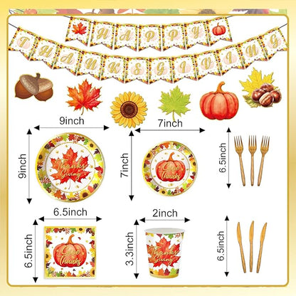 123PCS Thanksgiving Party Supplies for Fall Pumpkin Themeds Party Decorations Autumn Harvest Tableware Set for Kids Childs Leaves Dessert Plates Napkins Cups with Tablecloth and Banner for 20 Guests