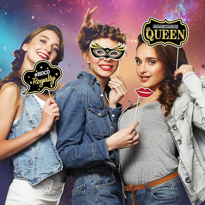 Generic 23 Pcs Homecoming Photo Booth Props Kit - Funny Homecoming Dance Party Photo Booth Props for High School or College Homecoming Party Decorations Supplies Favors, Black Gold Selfie Props