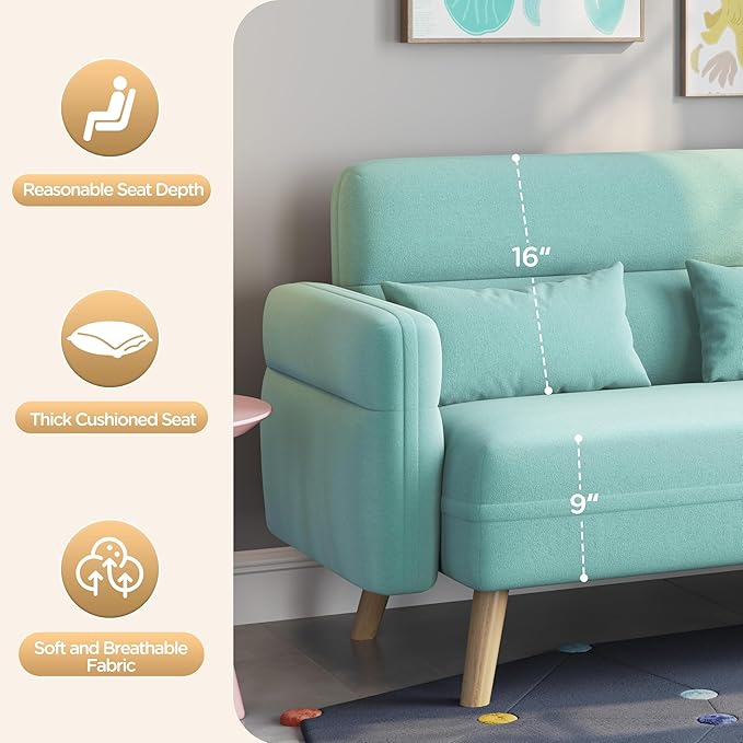 Yaheetech 46" Small Modern Fabric Sofa Loveseat Mid Century 2 Seater Sofa Couch with Lumbar Pillows, Solid Wood Legs for Living Room, Small Space, Dorm, Office, Bedroom, Aquamarine