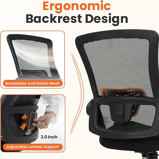 NEO Chair Office Desk Chair Computer High Back Mesh Gaming Seat with Ergonomic Adjustable Comfy Flip-up Armrests Lumbar Support Height for Home (Black)