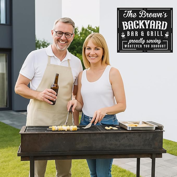 Personalized Outdoor BBQ Wall Sign, Custom Name Grill Cut Metal Decor for Patio Kitchen, Rustic Backyard Barbecue Art