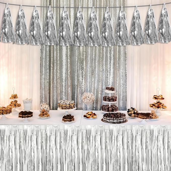 3P Silver Tassel Banner Garland Metallic Foil Fringe Banner Tinsel Tassels Streamer Banner Backdrop for Parade Floats, 2025 Graduation Decorations, Christmas, Wedding Party Decoration