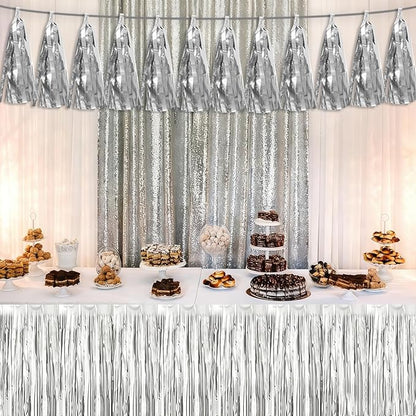 3P Silver Tassel Banner Garland Metallic Foil Fringe Banner Tinsel Tassels Streamer Banner Backdrop for Parade Floats, 2025 Graduation Decorations, Christmas, Wedding Party Decoration