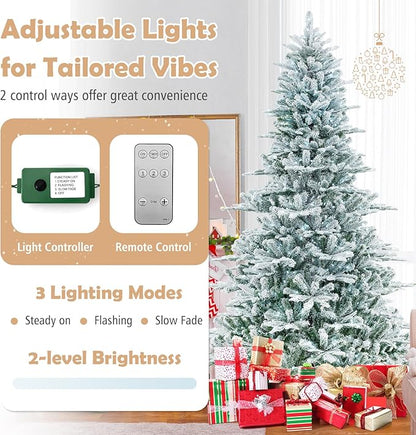 GOFLAME 8FT Pre-Lit Christmas Tree Snow Flocked, Hinged Artificial Xmas Tree with 1447 Branch Tips, 800 Cold White LED Lights, 3 Lighting Modes, Timer, Remote, Holiday Decoration Tree for Home Party