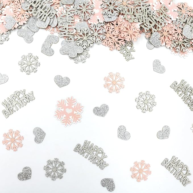 Pink Snowflake Birthday Confetti for Table – 200PC Glitter Heart Snowflakes Table Scatter for Girl Winter Wonderland Birthday Decorations