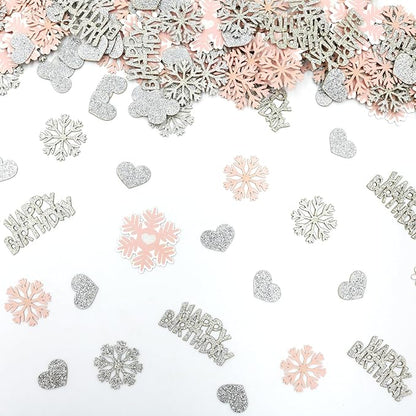 Pink Snowflake Birthday Confetti for Table – 200PC Glitter Heart Snowflakes Table Scatter for Girl Winter Wonderland Birthday Decorations