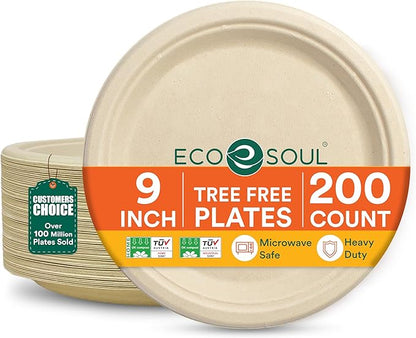 ECO SOUL Compostable 9 Inch(200-Pack) Biodegradable Heavy-Duty Disposable Eco-Friendly Paper Plates for Thanksgiving Dinner & Parties, Wedding, Event