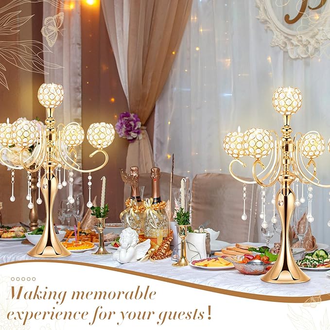Dandat 8 Pcs 25.6'' 5 Arm Candelabra Candle Holder Centerpieces for Table Gold Crystal Candlestick Holders Tall Candle Stand for Wedding Dinner Halloween Christmas Party Decoration