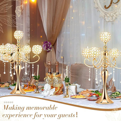 Dandat 8 Pcs 25.6'' 5 Arm Candelabra Candle Holder Centerpieces for Table Gold Crystal Candlestick Holders Tall Candle Stand for Wedding Dinner Halloween Christmas Party Decoration