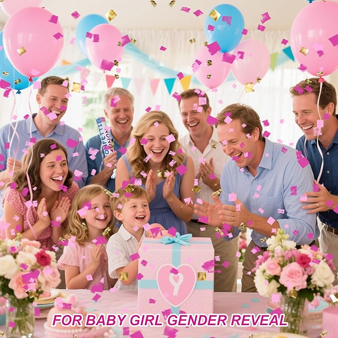 4 Pack Gender Reveal Confetti Cannon, 12 in Pink Square Shaped Paper Party Poppers Cannons, Confetti Poppers For Baby Boy Girl Gender Reveal Baby Showers (Square, Pink)