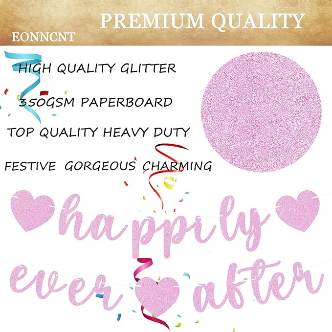 Pre-Strung Happily Ever After Banner - Pink Glitter Bachelorette Bridal Engagement Party Decoration Supplies, Bachelorette Wedding Party Banner for Engagement, Bridal Shower, Wedding Party Photo Booth Props