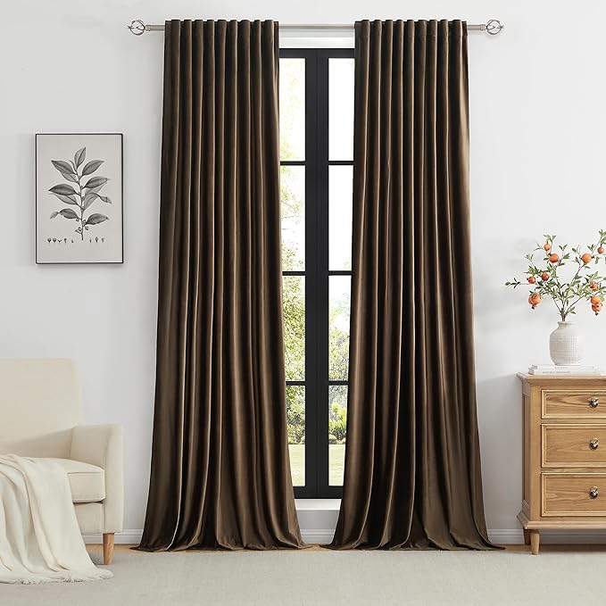 PRIMROSE Brown Velvet Curtains 63 inch Long for Living Room,Set of 2 Panels Blackout Rod Pocket Back Tab Window Treatment Room Darkening Heavy Decorative Curtains Drapes for Bedroom