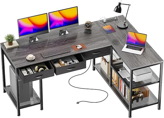 PRAISUN 55 Inch L Shaped Office Desk with Power Outlets and Type-C Port, Large Computer Gaming Desk with 3 Fabric Drawers, Mesh Shelves, Corner Study Work Writing Desk, Grey