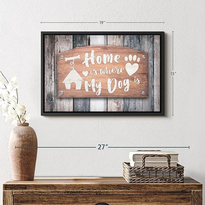 Elephant Stock Home Is Where My Dog Is Wall Art - Horizontal Floating Framed Canvas - 1-Piece Living Room Wall Decor - Pet Digital Art Canvas Print - Gray and Beige Decor for Wall - 19" X 13"