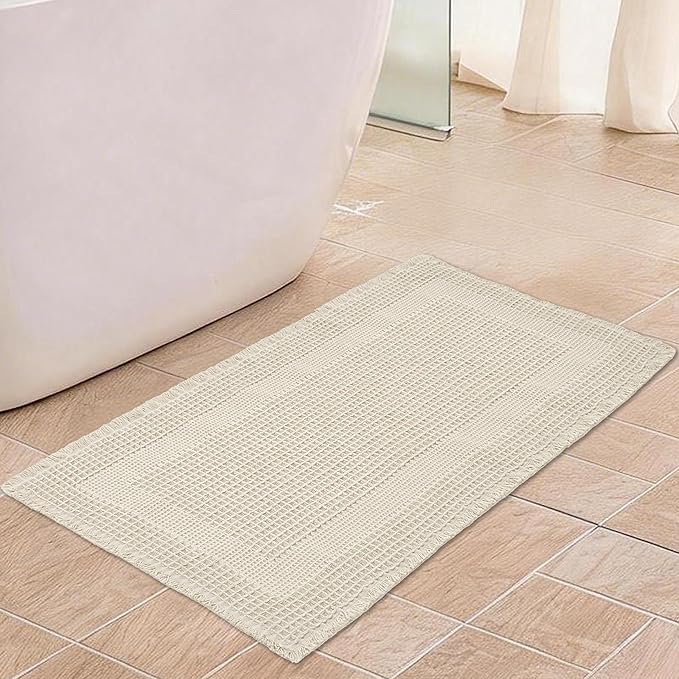 Waffle Bath Mat Non Slip, Boho Runner Rug, Super Absorbent Quick Dry Long Bath Runner Bathroom, Soft Farmhouse Bath Rug with Tassels, Washable Shower Mats for Floor 24"x48", Square Cream