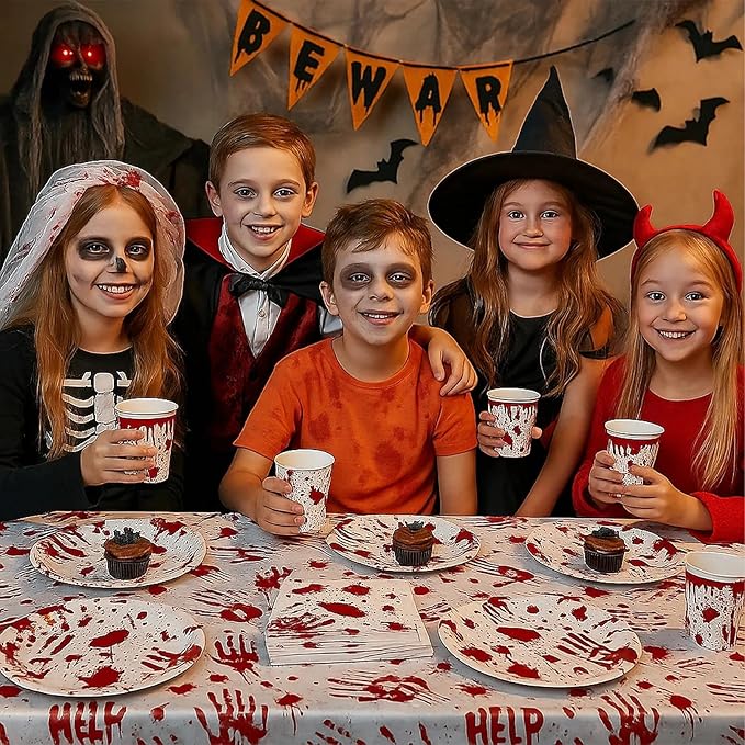 97PCS Scary Halloween Party Supplies Set Bloody Handprint Tableware Decorations Zombie Birthday Themed Party Haunted House Disposable Paper Plates,Cups and Tablecloth(24 Guest)