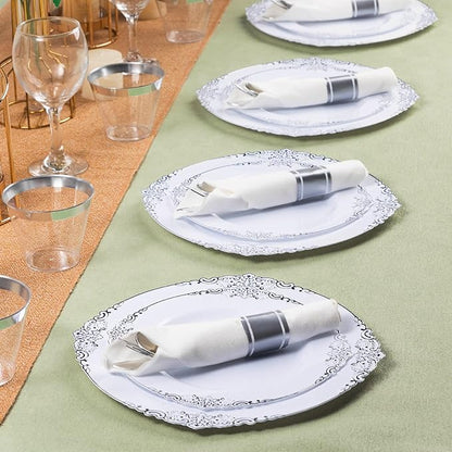 100 Pack Silver Plastic Silverware with Pre Rolled Napkins for 100 Guests, Silver Disposable Utensils Sets Includes 300 Plastic Cutlery, and 100 Napkins for Party & Wedding