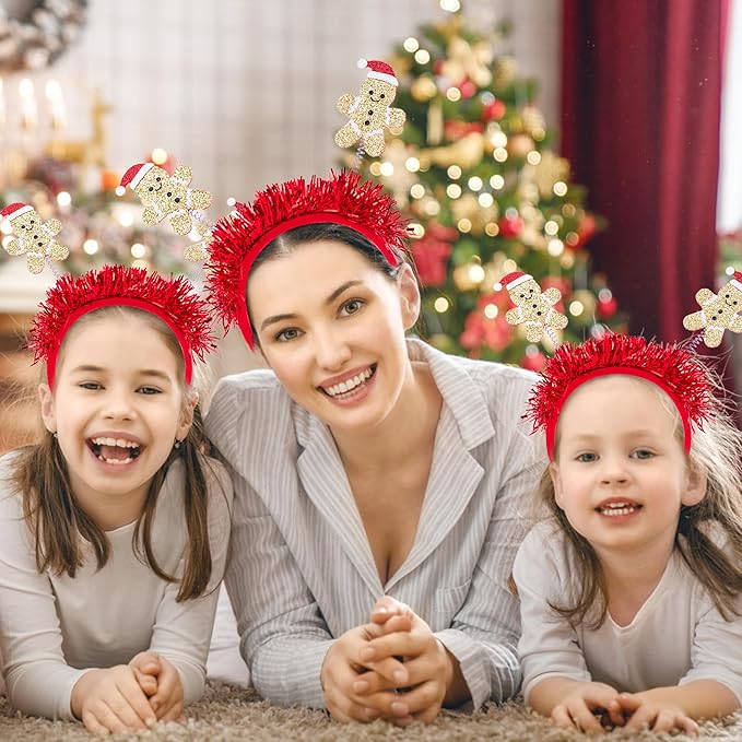 Beleki Gingerbread Headbands with Christmas Hat - Glitter Headband Hair Hoop Headwear Funny Christmas Hair Accessories for Aldut Teens Kids Gift Xmas Holiday Party Festival Events Cotume Decor