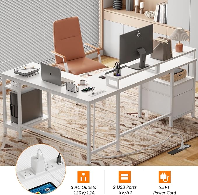 Furologee 66” L Shaped Desk with Power Outlet, Reversible Computer Gaming Desk with File Drawer & 2 Monitor Stands for Home Office with Storage Shelves, White