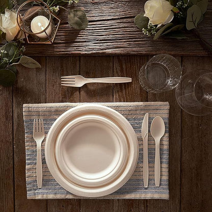 300 Piece (50 Sets) Biodegradable Paper Plates Set (EXTRA LONG UTENSILS), Disposable Dinnerware Set, Eco Friendly Compostable Plates & Utensil include Plates, Cups, Forks, Knives and Spoons