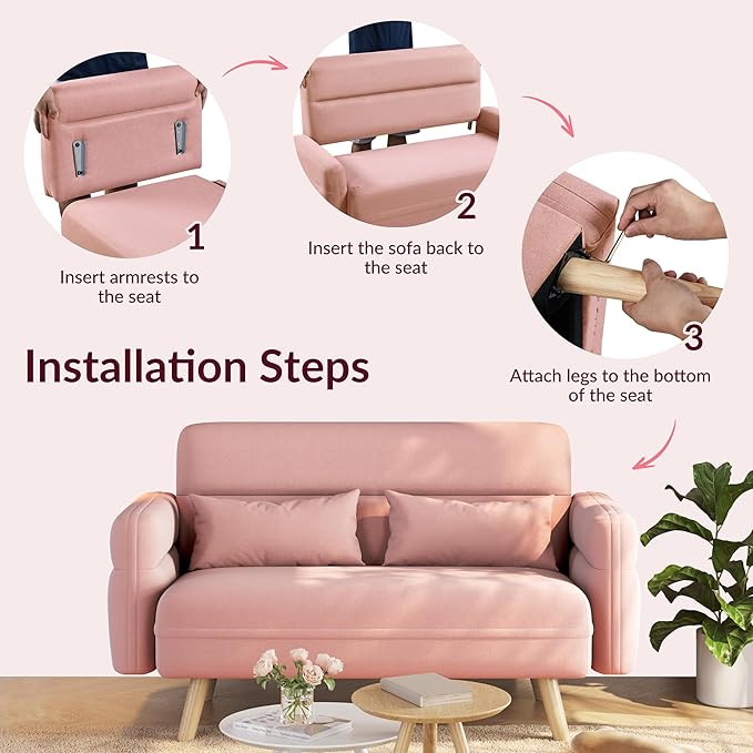 Yaheetech 46" Small Modern Fabric Sofa Loveseat Mid Century 2 Seater Sofa Couch with Lumbar Pillows, Solid Wood Legs for Living Room, Small Space, Dorm, Office, Bedroom, Pink