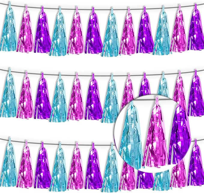 3P Lake Blue Purple-Hot Pink Tassel Banner Garland Metallic Foil Fringe Banner Tinsel Tassels Streamer Banner Backdrop for Parade Floats,Graduation Decorations, Wedding Party Decoration