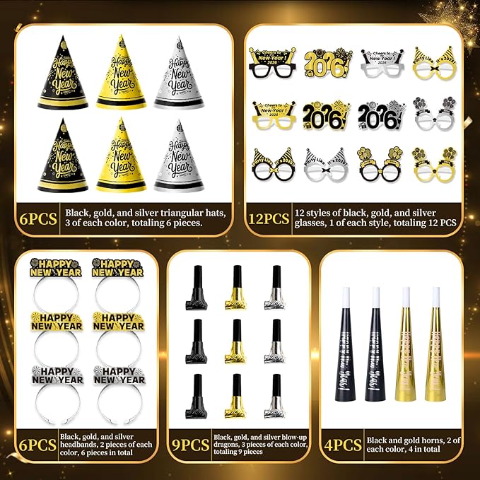 37PCS New Years Eve Party Supplies 2026 for 12 Guests, Happy New Years Decorations Party Favors Includes Cone Hats, Tiaras, Glasses, Noise Makers Accessories for Adults Kids