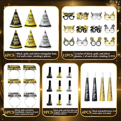 37PCS New Years Eve Party Supplies 2026 for 12 Guests, Happy New Years Decorations Party Favors Includes Cone Hats, Tiaras, Glasses, Noise Makers Accessories for Adults Kids