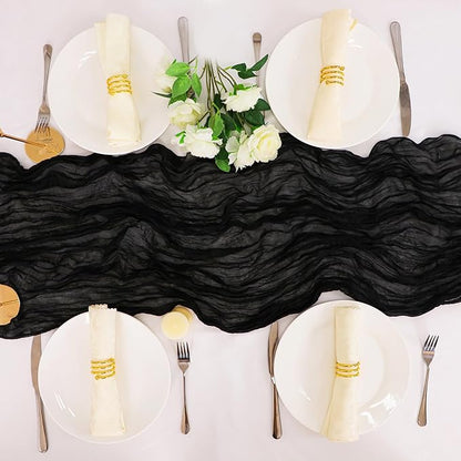 Snowkingdom 6PCS 10 Ft Black Cheesecloth Table Runner, 120 inch Long Cheese Cloth Boho Gauze Runners for Wedding Bridal Baby Shower Birthday Holiday Party Halloween Table Decorations