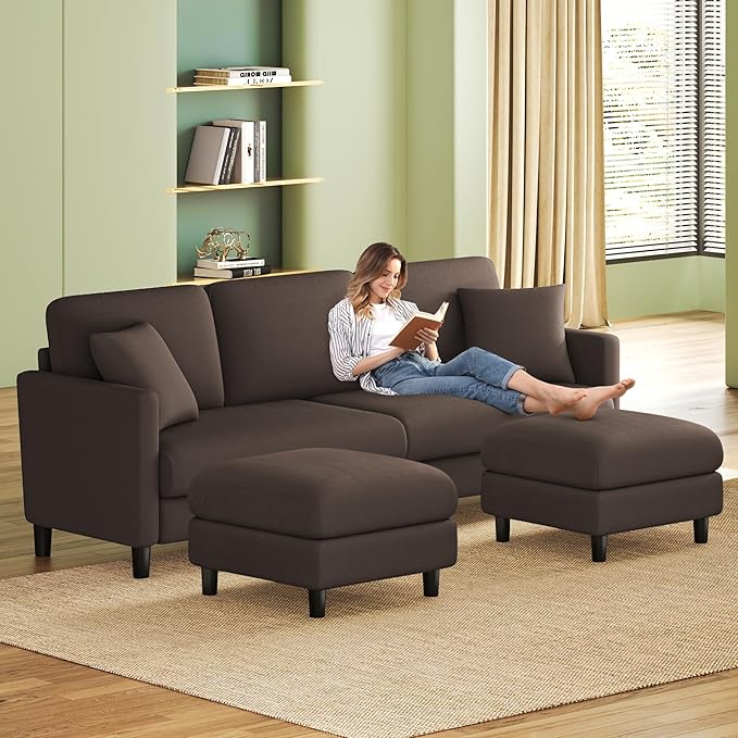 83" Couches for Living Room, Comfy Sofas for Living Room with Storage Ottomans, Teddy Sofa Couch, Tool-Free Loveseat Sofa, All-Wood Love Seat Couches, U Shaped Couch 2 Pillow Included, Khaki
