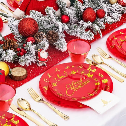 Ciaell 175 Pieces Christmas Plastic Plates - Red and Gold Plastic Plates include 25Dinner Plate, 25Dessert Plate, 25Knives, 25Forks, 25Spoons, 25cups, 25 Christmas Napkins for Xmas Party