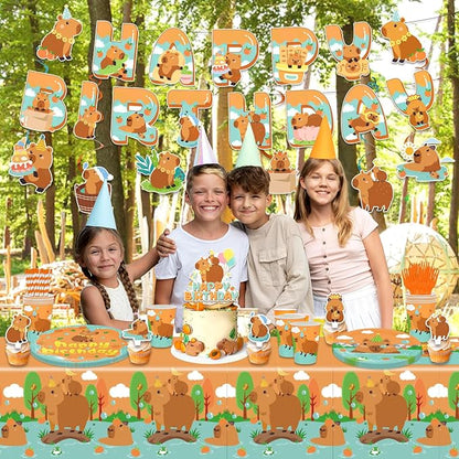 162PCS Capybara Birthday Party Decorations, Capybara Party Supplies Disposable Plates and Napkins Set, Tableware,Banner, Hanging Swirls, Tablecloth, Cake Cupcake Topper, Baby Shower