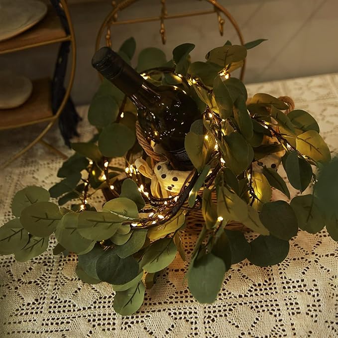 6Ft Fairy Light Faux Eucalyptus Leaf Garland,Vines Lights Artificial Greenery Garland for Christmas Table Fireplace Mantle Decor Spring（Batteries Not Included）