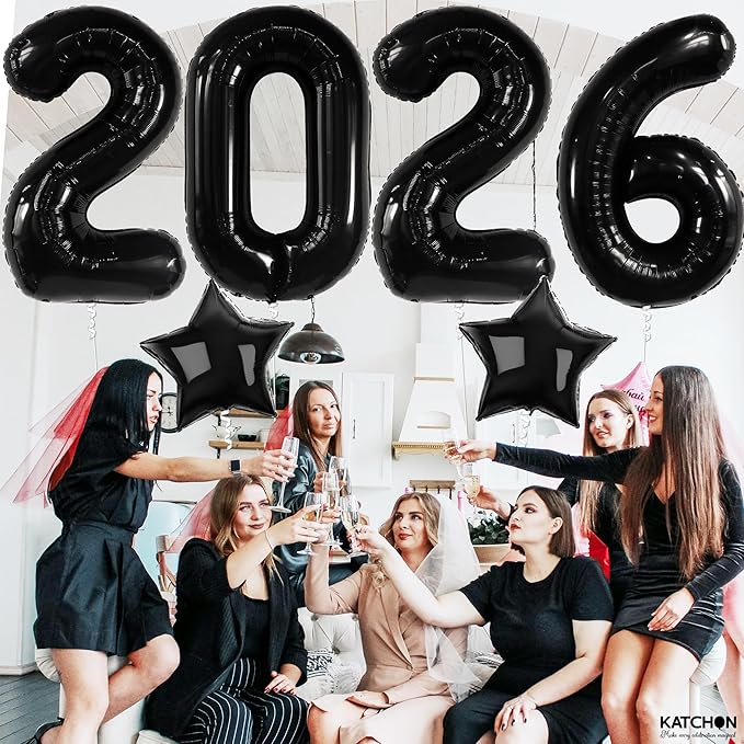Katchon, Black Giant 2026 Balloons - 42 Inch, Happy New Year Decorations 2026 | New Year 2026 Balloons, 2026 Happy New Year Party Decorations | 2026 Black Balloons