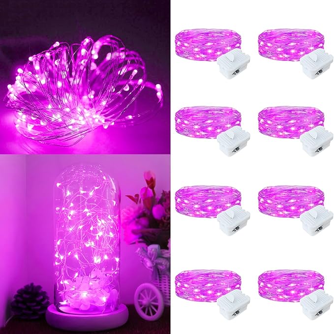 Fairy Lights,Silver Wire String Lights Waterproof,Battery Operated 7FT 20LED Firefly Starry Moon Lights for DIY Christmas Wedding Party Bedroom Decor (Pink, 8 Pack)