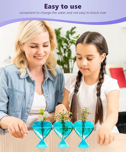 Nacome Small Glass Bud Vases for Flowers: Birthday Gifts for Wife Women Mom Garden Lovers- Set of 3 Heart Plant Terrarium for Wedding Centerpiece Table Office Indoor Home Decor(Blue)