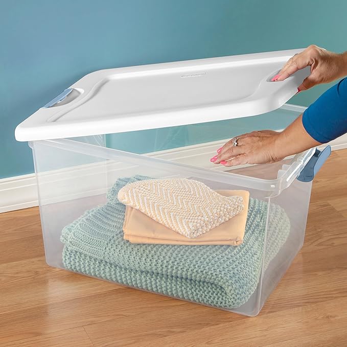 Sterilite 12-Pack 64 Quart Latching Box, Clear Plastic Storage Organizer Bins with White Lids - Large Stackable Containers for Home Bedroom, Dorm Room, and Closet Organization
