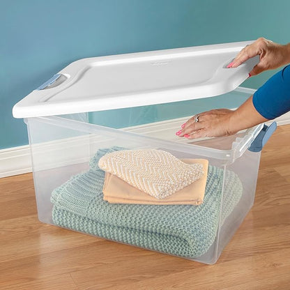 Sterilite 12-Pack 64 Quart Latching Box, Clear Plastic Storage Organizer Bins with White Lids - Large Stackable Containers for Home Bedroom, Dorm Room, and Closet Organization
