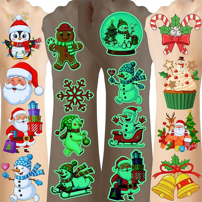 Luminous Christmas Temporary Tattoos - 60Pcs Glow In Dark Christmas Decorations Stickers Xmas Party Decor Party Favors Supplies Accessories Craft Winter Reindeer Penguin Gift Idea For Kids Youth Adult