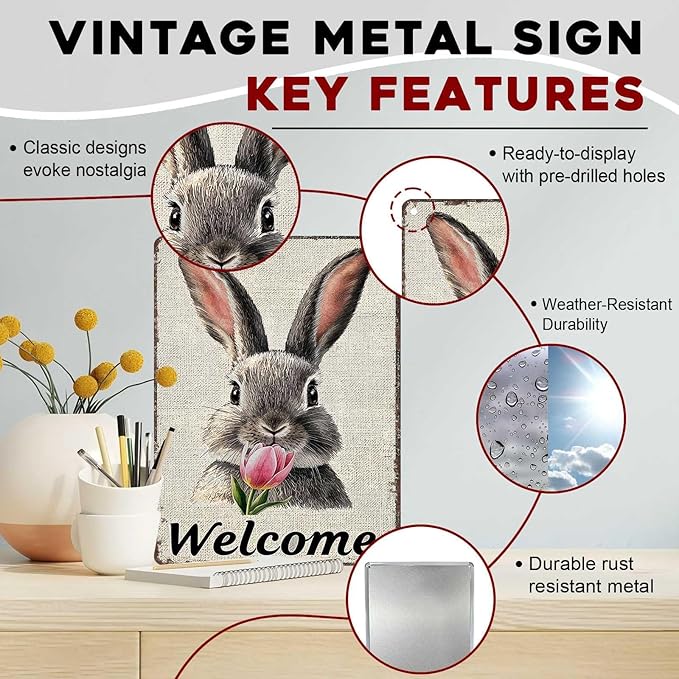 Easter Bunny Tin Sign Retro Tulips - Fun and Metal Sign for Homes Bedrooms Gardens Hallways Parties Spring Decorations 12x16Inch