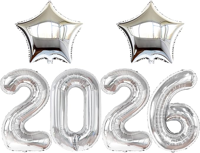 Katchon, Giant 2026 Balloons silver - 42 Inch | New Year Decorations 2026 | Star Foil Balloons for 2026 New Year Party Decorations