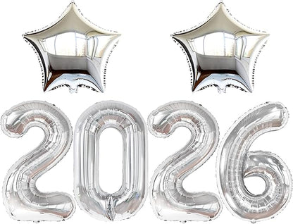 Katchon, Giant 2026 Balloons silver - 42 Inch | New Year Decorations 2026 | Star Foil Balloons for 2026 New Year Party Decorations