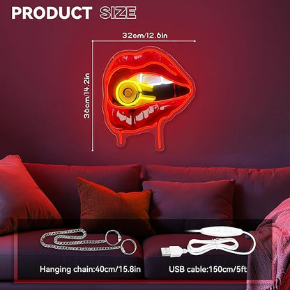 Bullet Red Lips Neon Sign, Flaming Red Lips Neon Signs for Wall Decor, Dimmable Acrylic Neon Lights for Room Bedroom Hotel Club Bar Party Decorations, Perfect Gifts
