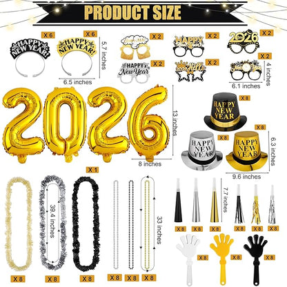 Fovths 145 Pieces 2026 New Years Eve Party Supplies Party Top Hats Headband Glasses Hand Clapper Leis Necklaces 2026 Gold Foil Balloons Happy New Year Decorations