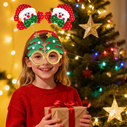 fiintrwa Christmas Headband Beads Necklace Hair Hoop Eyewear Eyeglass Santa Hat Photo Props for Xmas Party Decoration Supplie