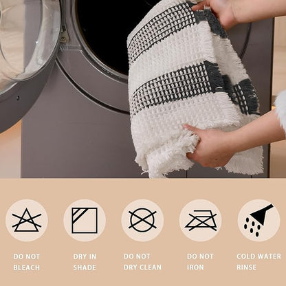 Waffle Bath Mat Non Slip, Boho Bathroom Rug, Super Absorbent Quick Dry Bathroom Mat, Soft Farmhouse Bath Rug with Tassels, Small Washable Shower Mats for Floor 20"x32", White and Black
